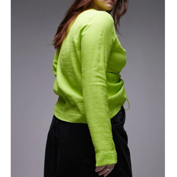 Nordstrom TOPSHOP ~ Lime Green Long Sleeve Ruched Front Top Size 8 VISCOSE - Picture 2 of 10